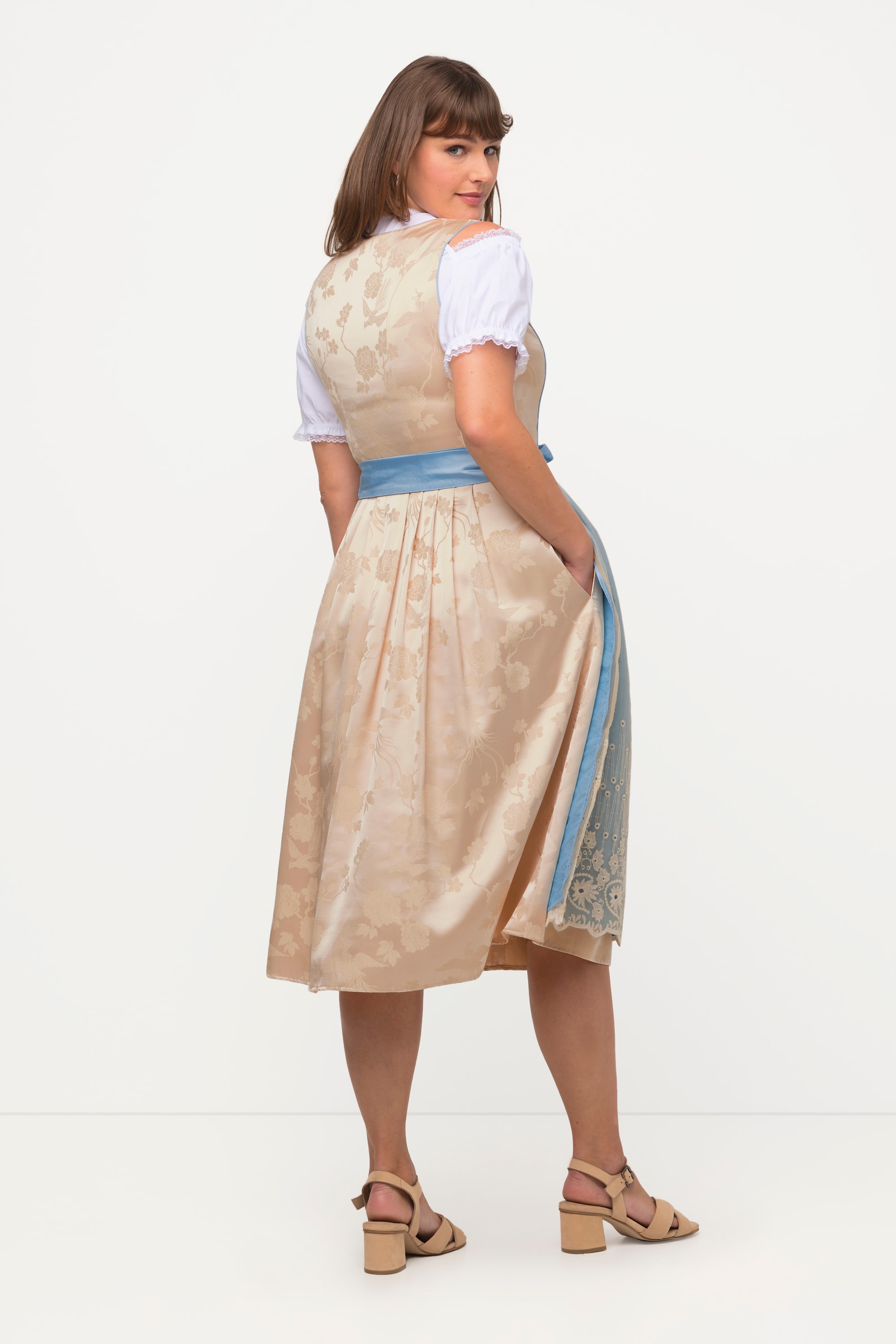 Ulla Popken Damen große Größen Dirndl Goldbrokat Stickerei Carree Ausschnitt