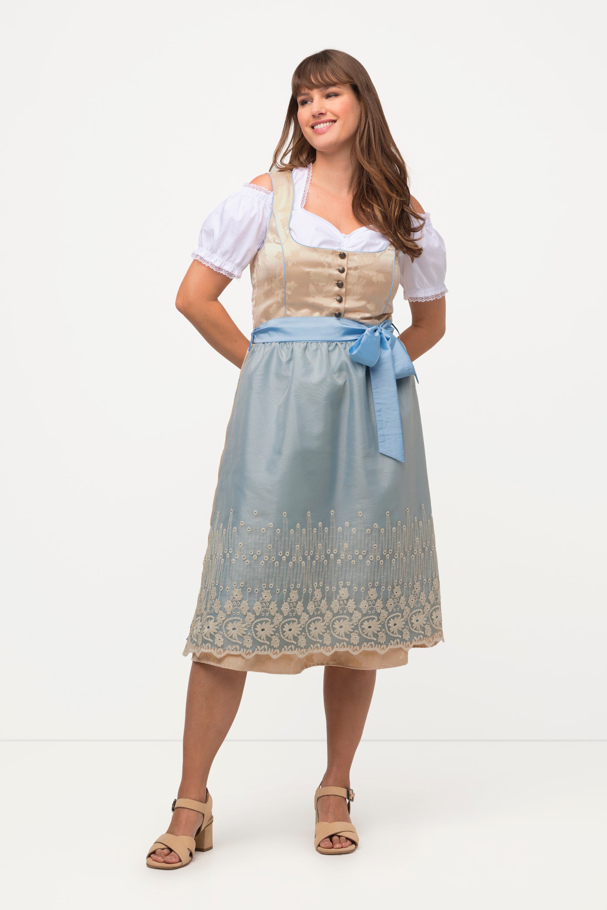 Ulla Popken Damen große Größen Dirndl Goldbrokat Stickerei Carree Ausschnitt