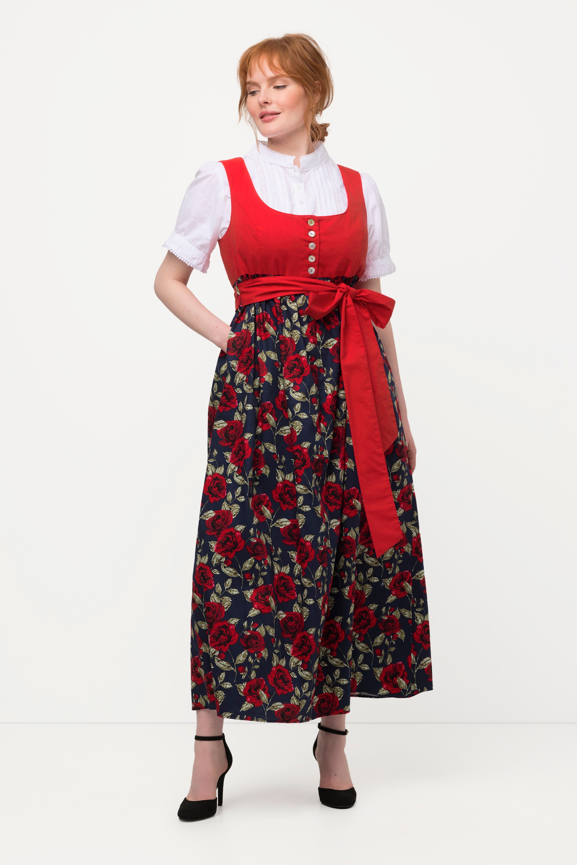 Ulla Popken Damen große Größen Dirndl Blüten Bindeband Carree Ausschnitt