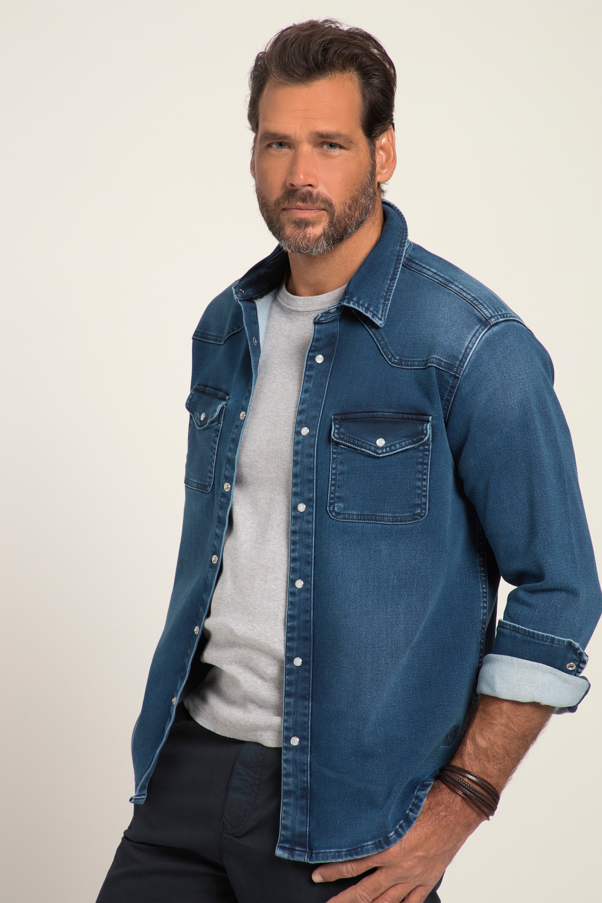 JP 1880 Herren große Größen Jeanshemd FLEXNAMIC Denim Langarm Kentkragen