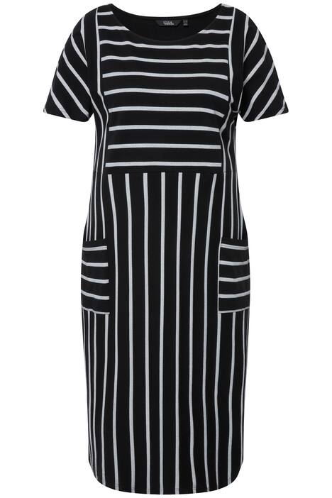 Midi šaty, mix pruhů, oversize, kulatý výstřih, krátké rukávy