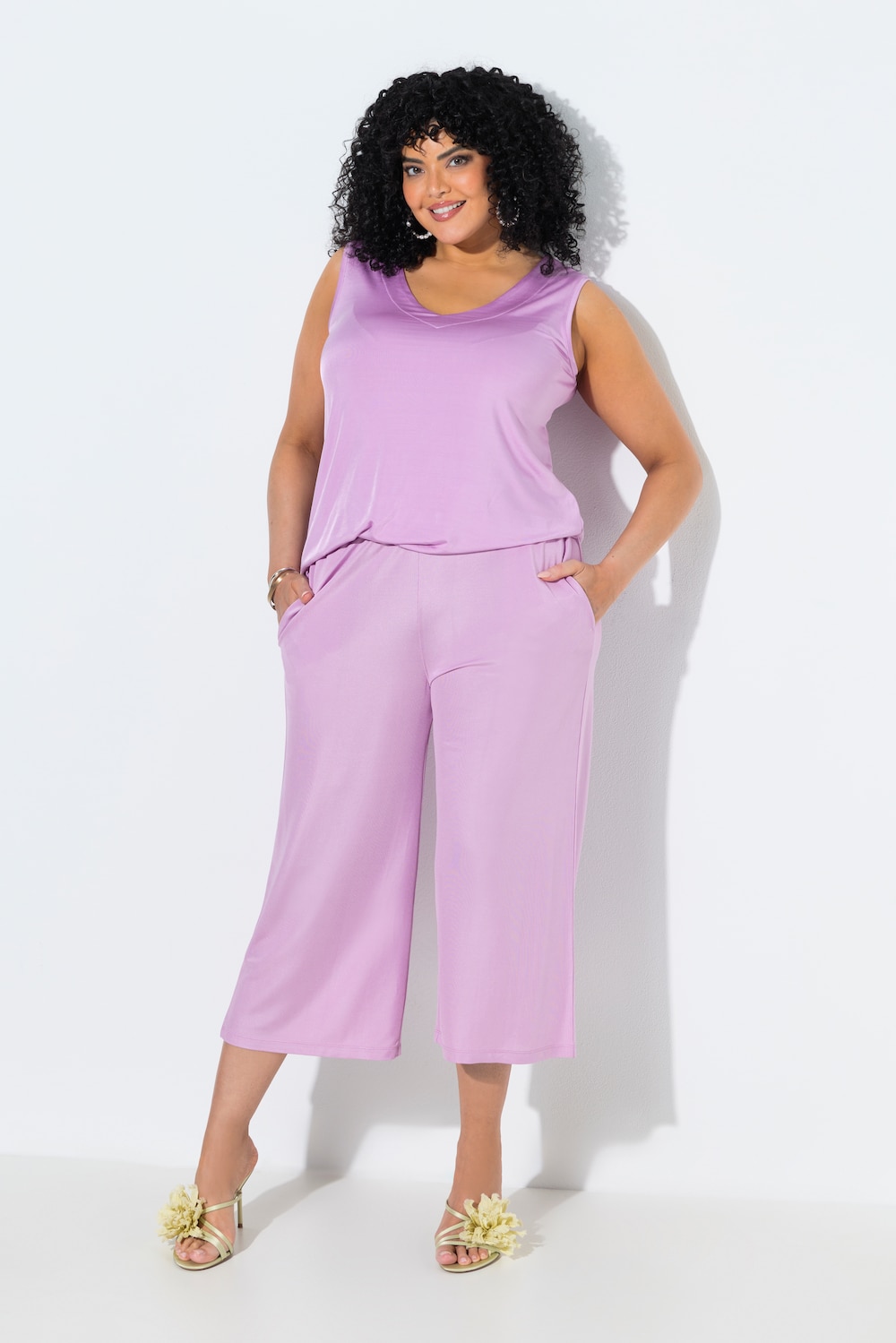 Slinky culotte-bukser, læglange, vide ben, elastisk linning