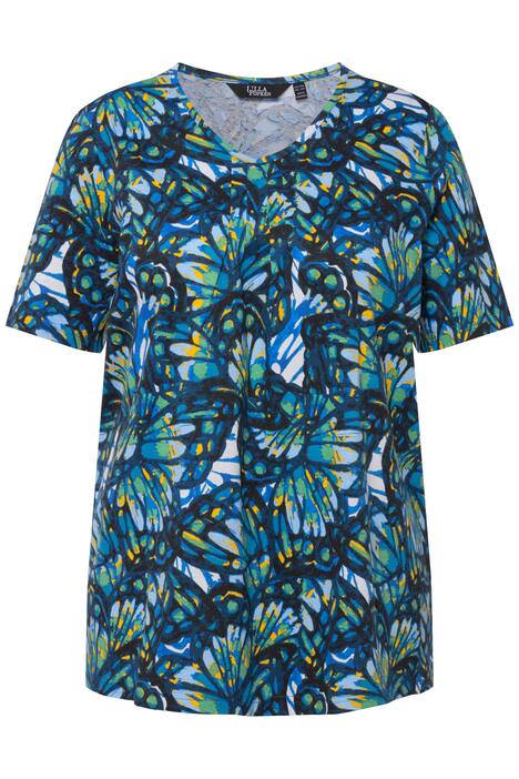 Tričko, motýli, A střih, výstřih do V, krátké rukávy