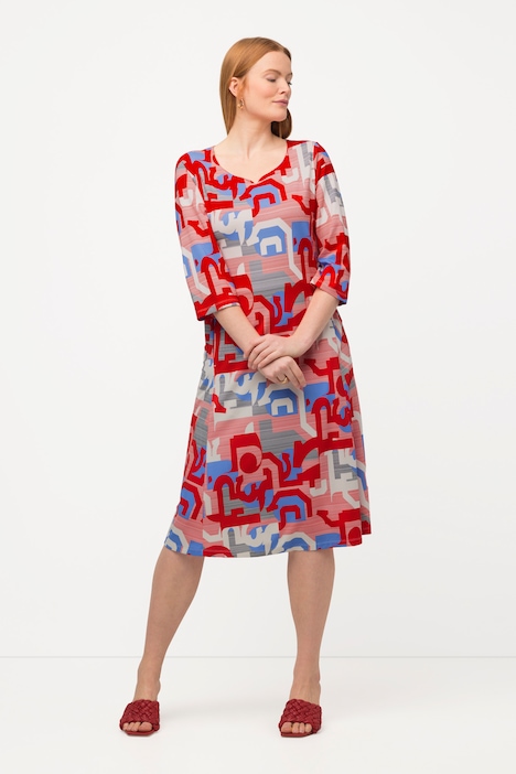 3/4 Sleeve Allover Print Sweetheart Midi Dress, Midi Dresses