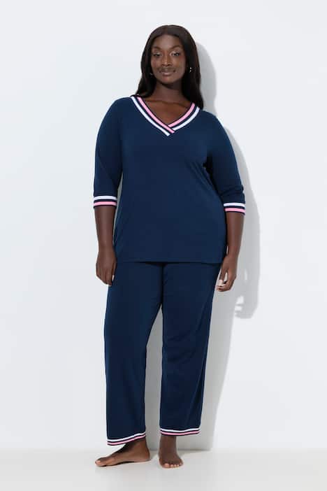 Pyjama, Streifendetails, V-Ausschnitt, 3/4-Arm