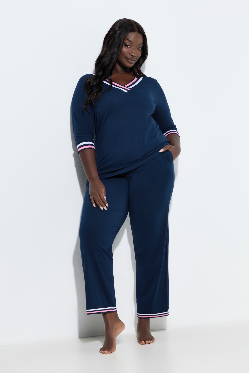 Pyjama, streepdetails, v-hals, 3/4-mouwen