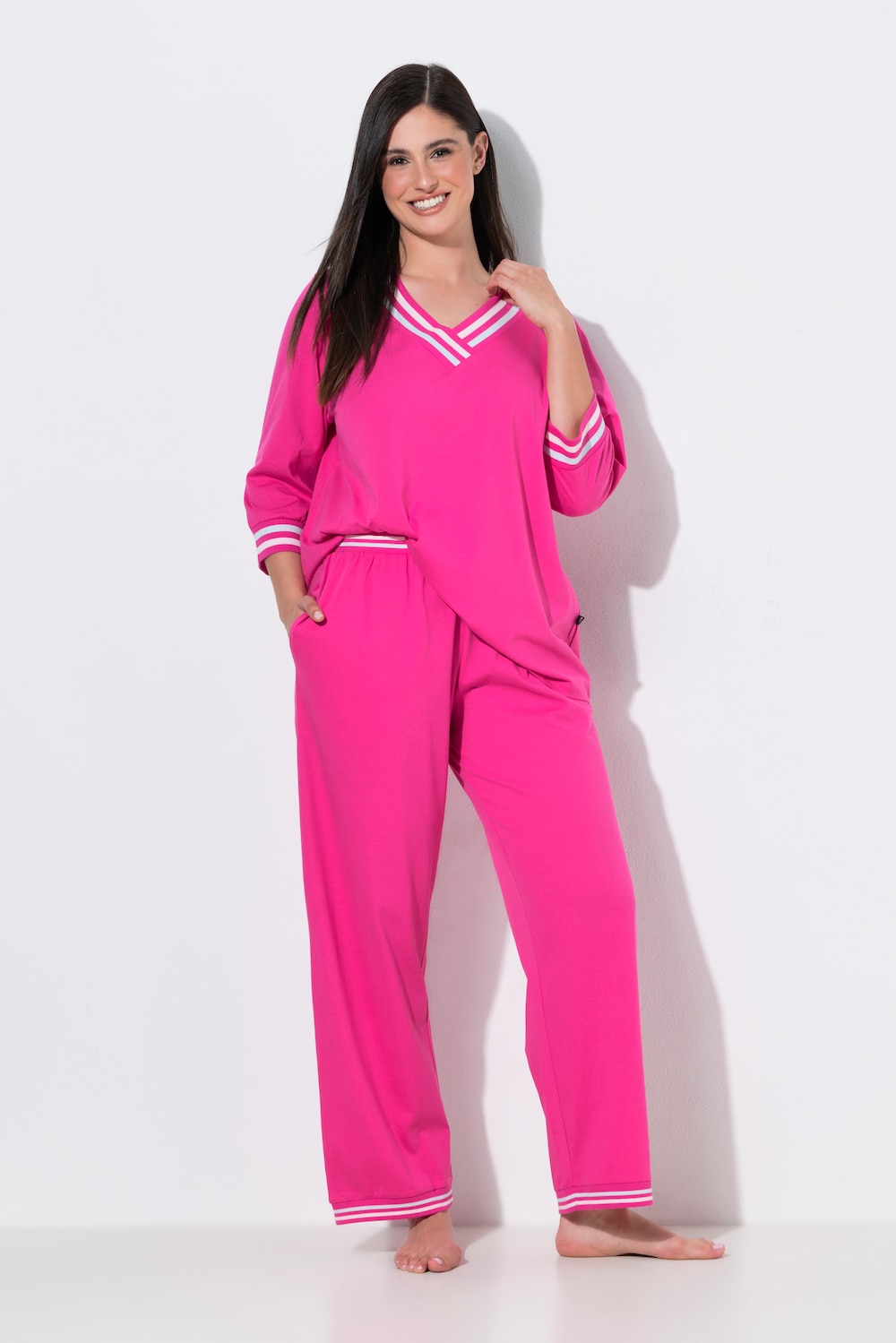 Pyjama, Streifendetails, V-Ausschnitt, 3/4-Arm
