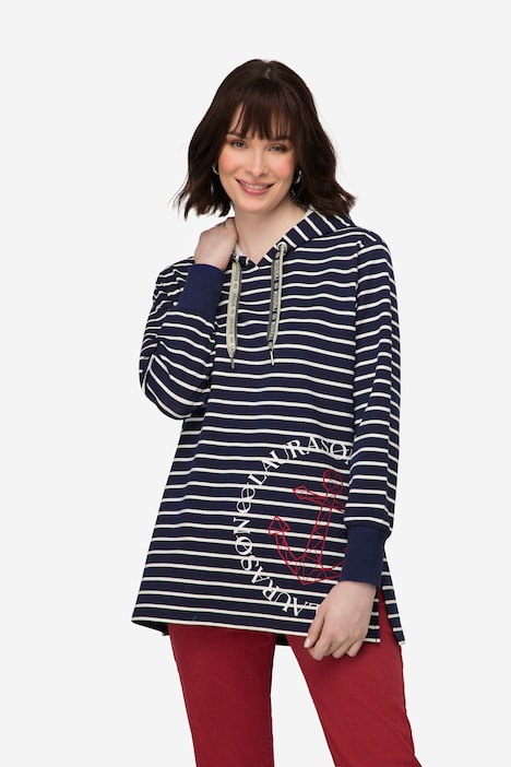 Striped Anchor Motif Long Sleeve Hoodie