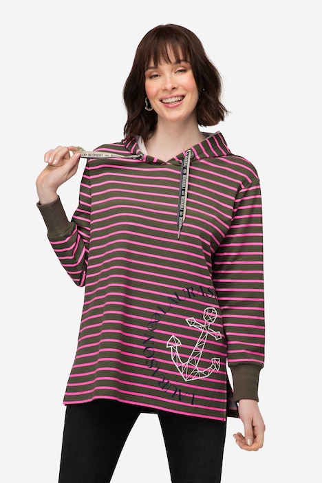 Striped Anchor Motif Long Sleeve Hoodie