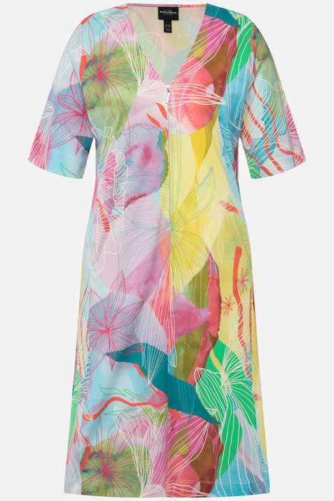 Floral Print Short Sleeve Zip Front A-Line Dress | Midi Dresses | Dresses