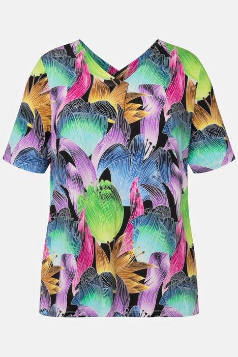 T-Shirt, Zierfalte, V-Ausschnitt, Halbarm