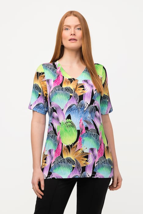 T-Shirt, Zierfalte, V-Ausschnitt, Halbarm