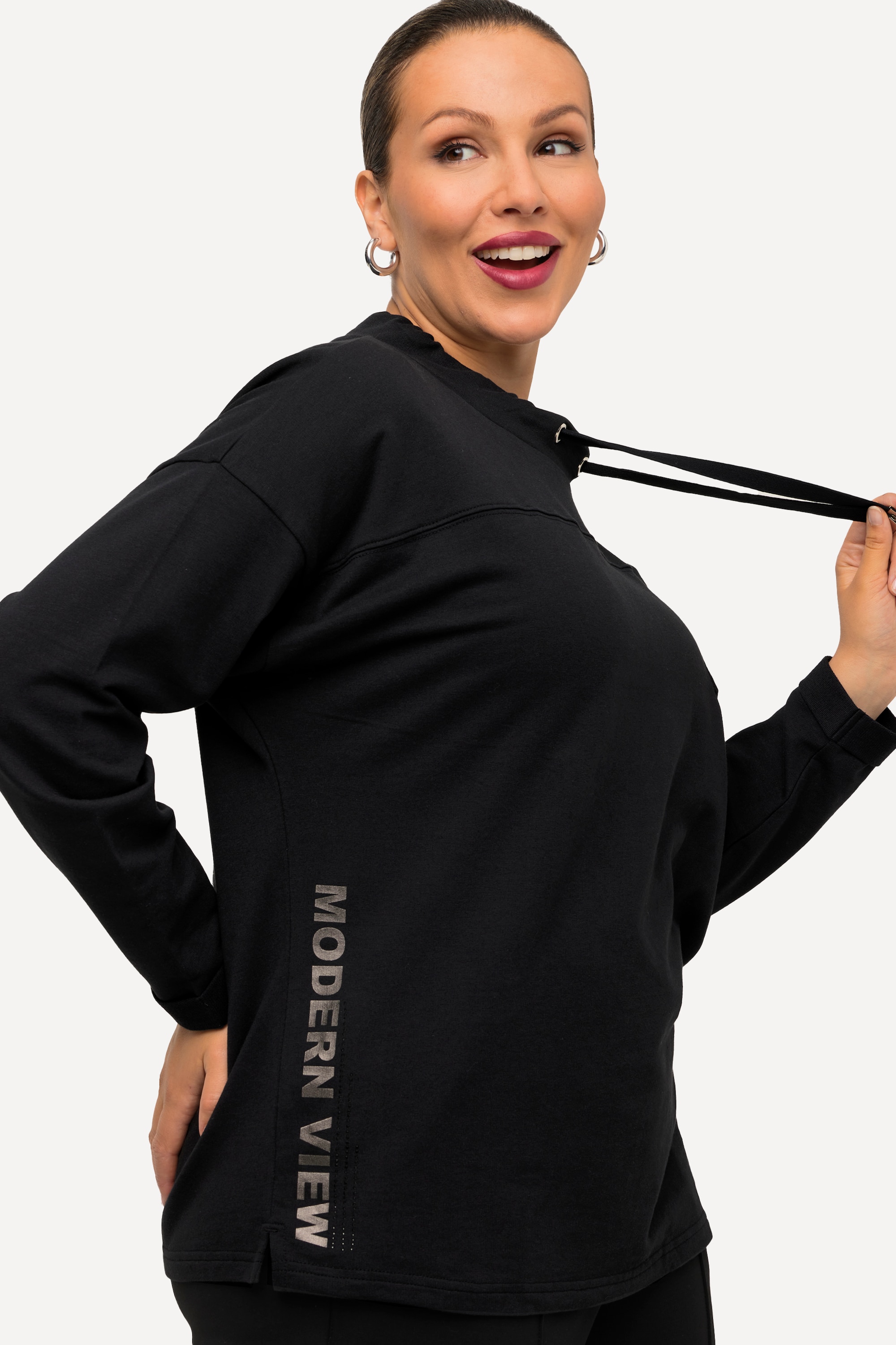 Ulla Popken Damen große Größen Sweatshirt Schriftmotiv Boxy Stehkragen