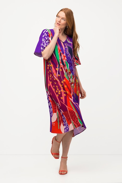 Bright Abstract Print V-Neck Dress, Midi Dresses
