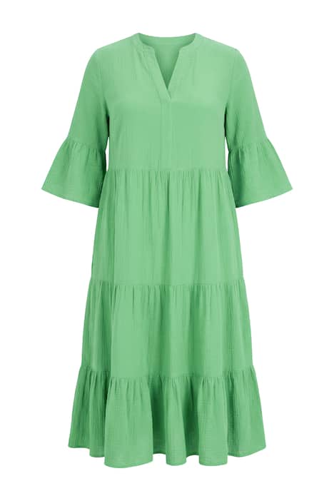 Maxi šaty, A střih, mušelín, stojáček, volány, 3/4 rukávy