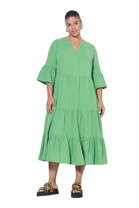 Maxi šaty, A střih, mušelín, stojáček, volány, 3/4 rukávy