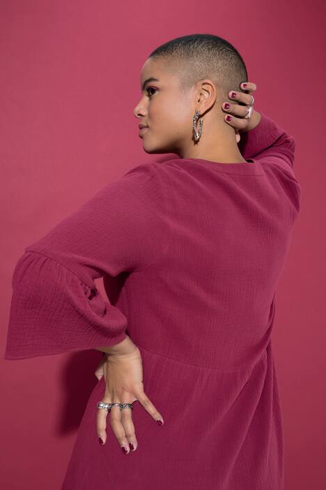 Maxikleid, A-Line, Musselin, Stehkragen, Volants, 3/4-Ärmel