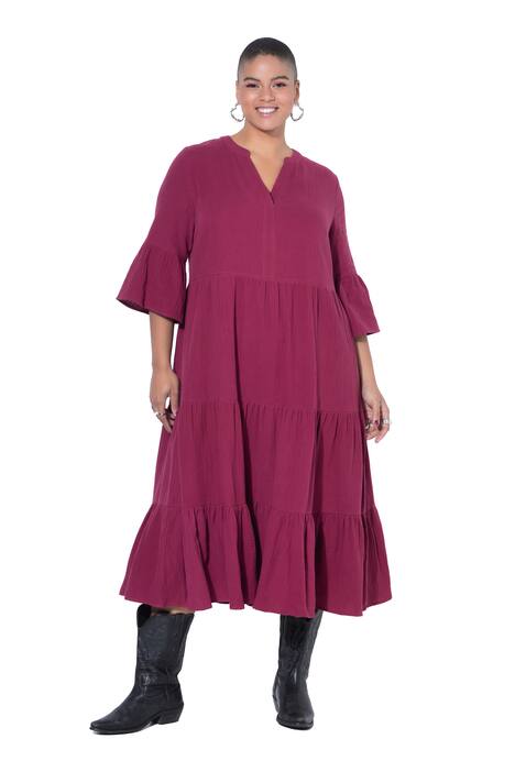 Maxi šaty, A střih, mušelín, stojáček, volány, 3/4 rukávy