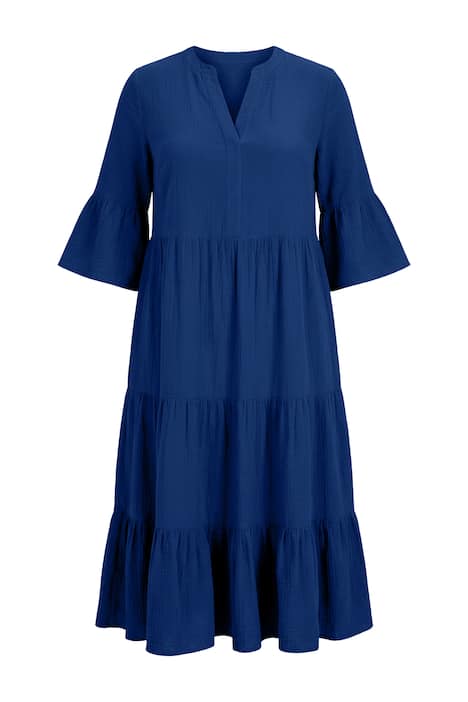 Maxi šaty, A střih, mušelín, stojáček, volány, 3/4 rukávy