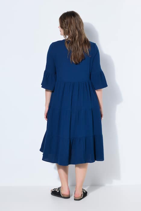 Maxi-jurk, A-lijn, mousseline, opstaande kraag, volants, 3/4-mouwen