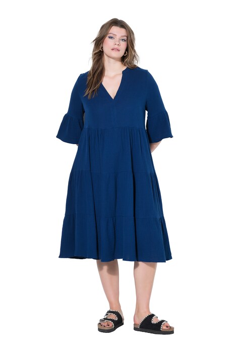 Maxi šaty, A střih, mušelín, stojáček, volány, 3/4 rukávy