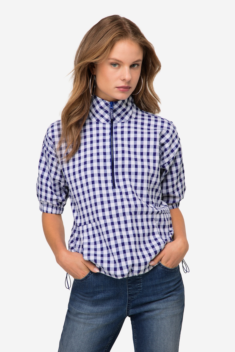 Große Größen Karobluse, Damen, blau, Größe: L, Baumwolle/Polyester, LAURASON