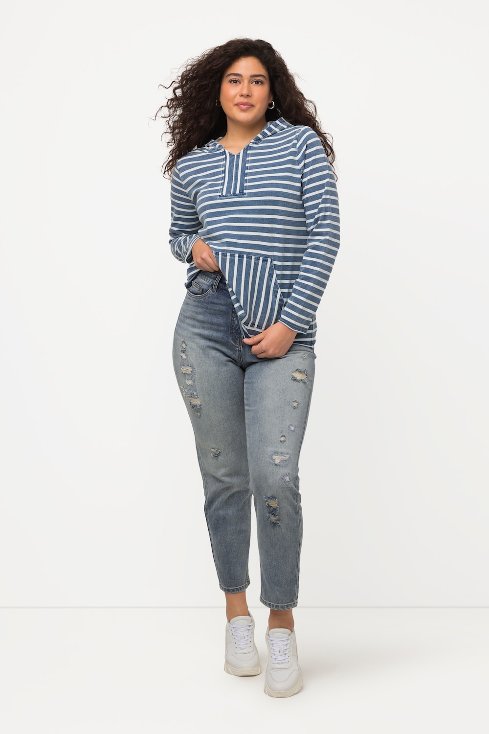 grandes tailles jean mom à taille haute et ceinture confort, femmes, bleu, taille: 50, coton, ulla popken