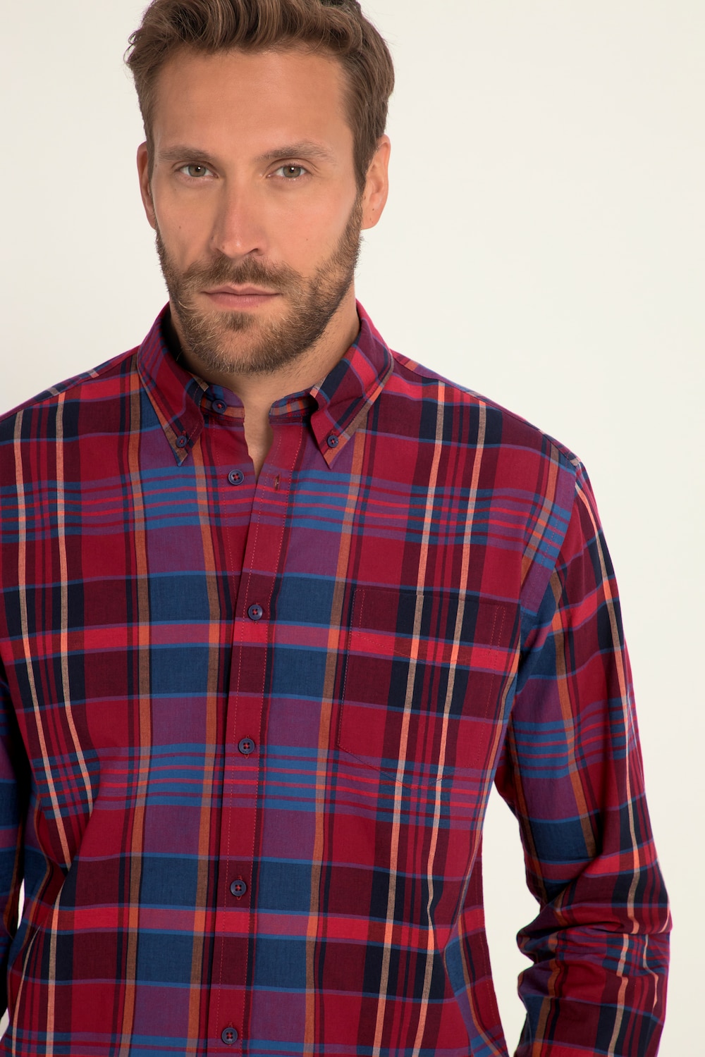Stora storlekar Rutig skjorta i modern design med lång ärm och buttondown-krage, Her, röd, storlek: 4XL, Bomull, JP1880