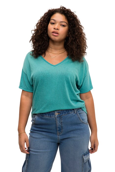 T-Shirt, oversized, Flammjersey, V-Ausschnitt, Halbam