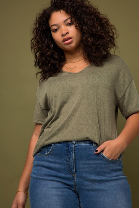 T-Shirt, oversized, Flammjersey, V-Ausschnitt, Halbam