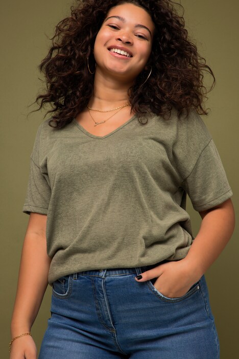 T-Shirt, oversized, Flammjersey, V-Ausschnitt, Halbam