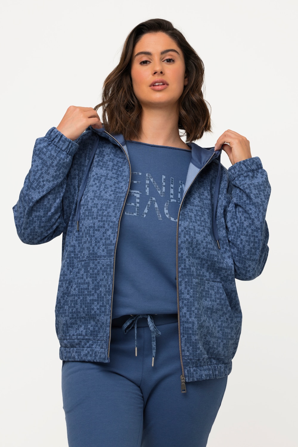 grandes tailles veste à capuche d'intérieur en molleton doux, femmes, bleu, taille: 60/62, polyester/coton, ulla popken