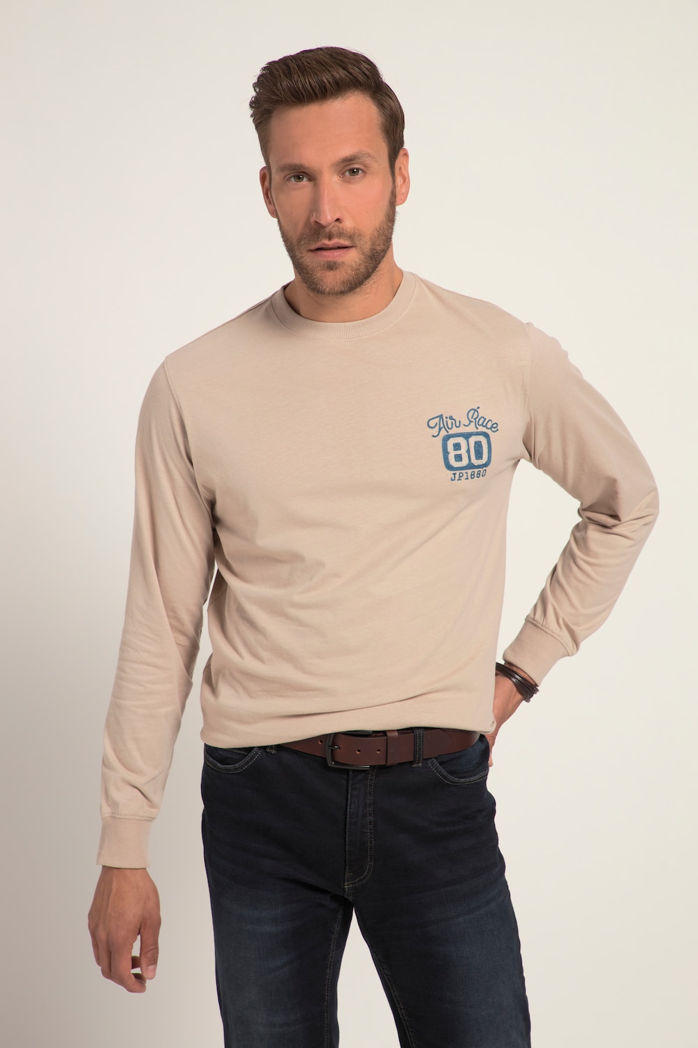 Stora storlekar Topp med lång ärm, Her, beige, storlek: 4XL, Bomull, JP1880