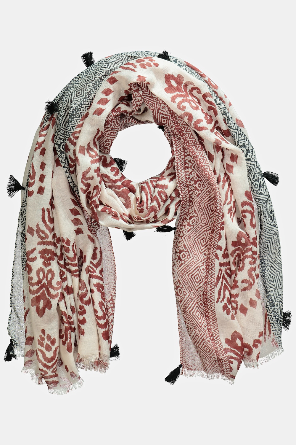 grandes tailles foulard. imprimé patchwork ethnique. pompons. bords frangés., femmes, rouge, taille: one size, viscose, ulla popken