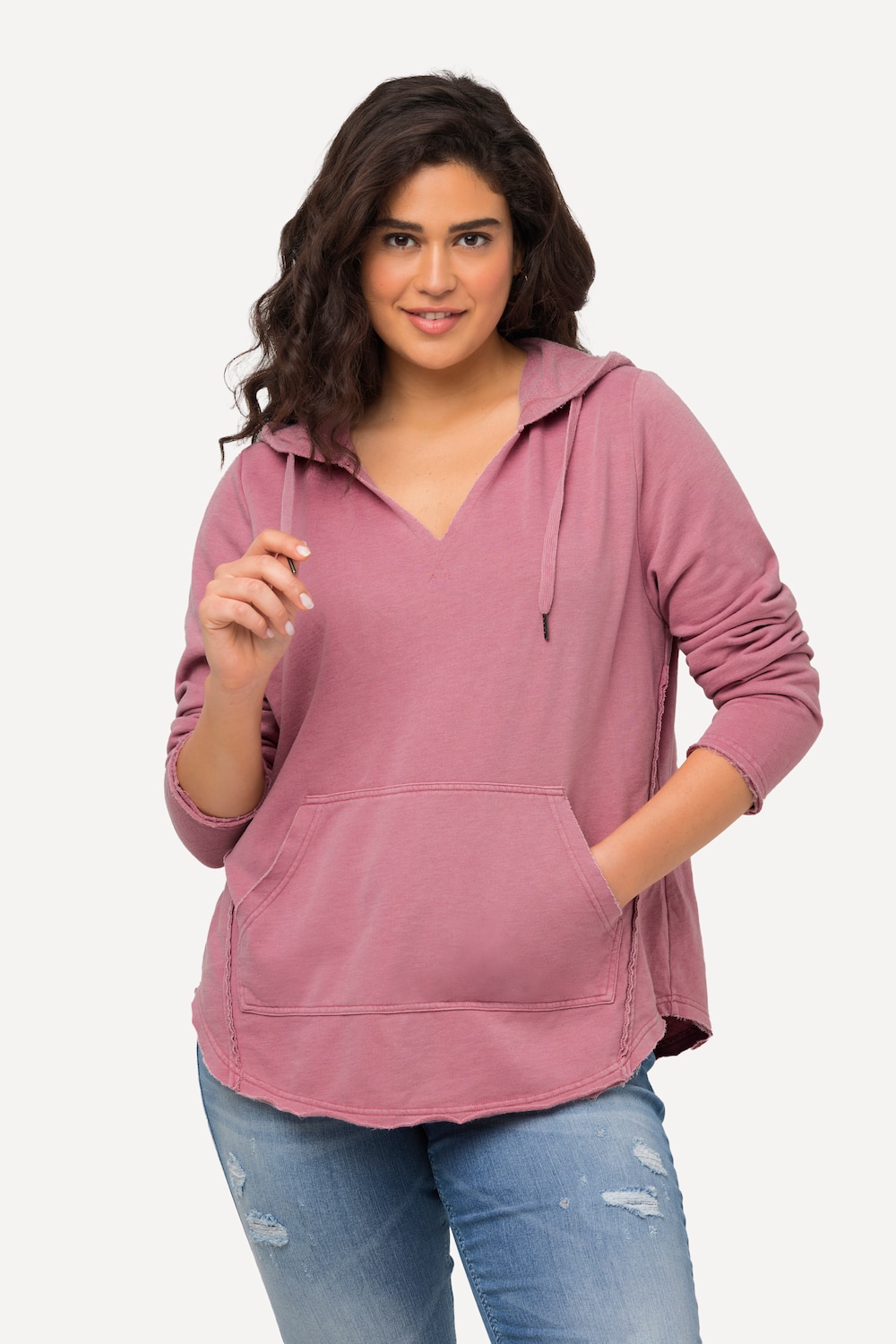 grandes tailles sweat-shirt à capuche à manches longues et col en v, femmes, rose, taille: 44/46, polyester/coton, ulla popken