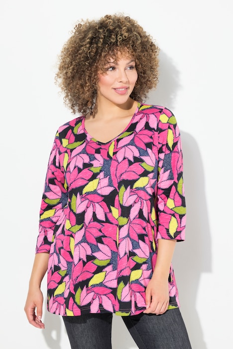 3/4 Sleeve V-Neck Leaf Print Tee