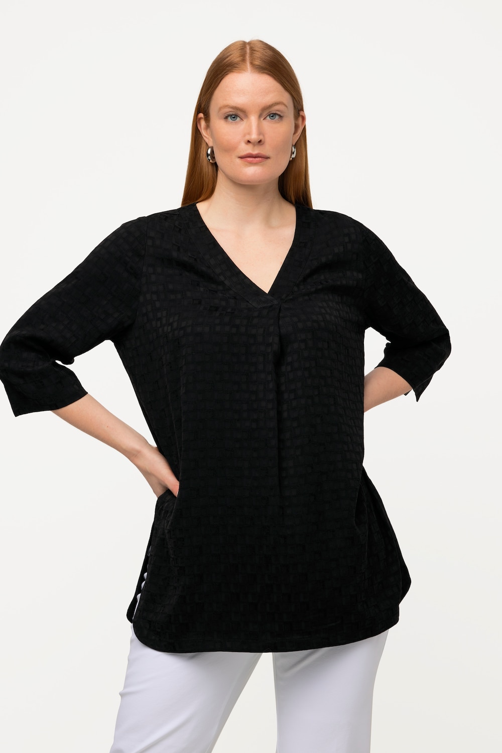 cupro blouse, sierplooi, structuur, V-hals, 3/4-mouwen