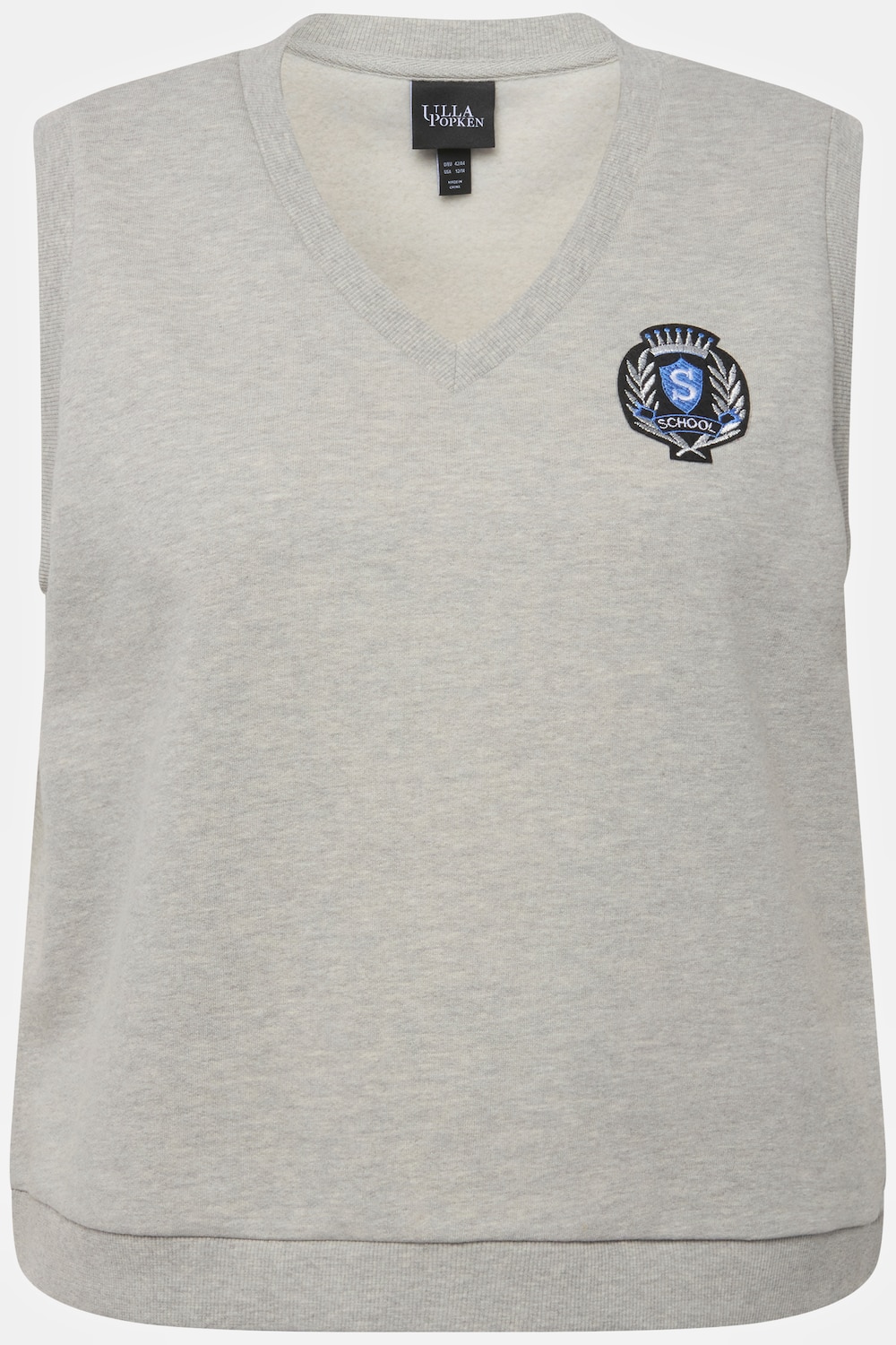 Stora storlekar Slipover i sweatshirtmaterial med college-emblem och v-ringning, Dam, grå, storlek: 50/52, Bomull, Ulla Popken