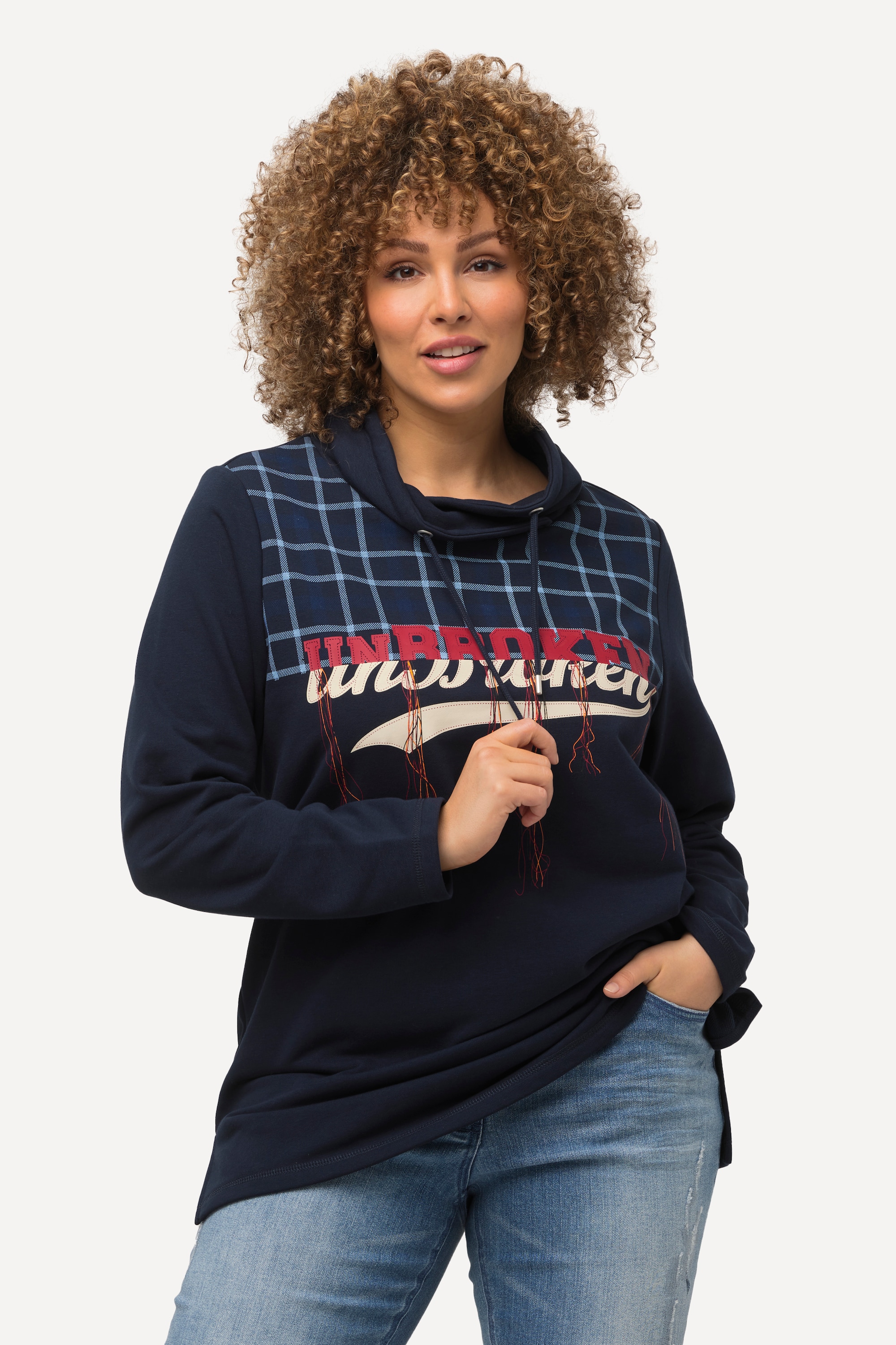 Ulla Popken Damen große Größen Sweatshirt Karo Frottee Stehkragen Langarm 820169