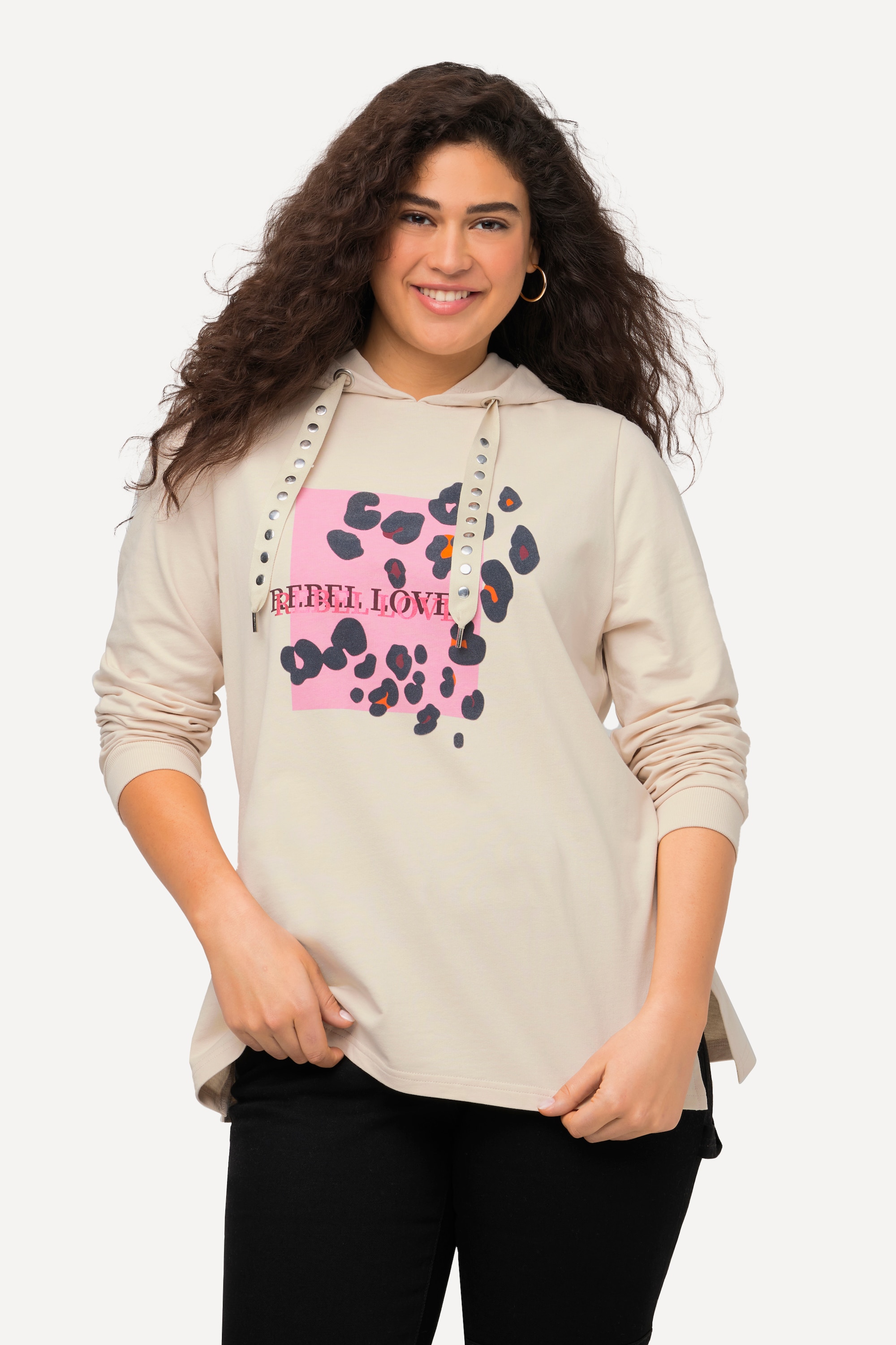 Ulla Popken Damen große Größen Hoodie Animalmuster Ziernieten Langarm