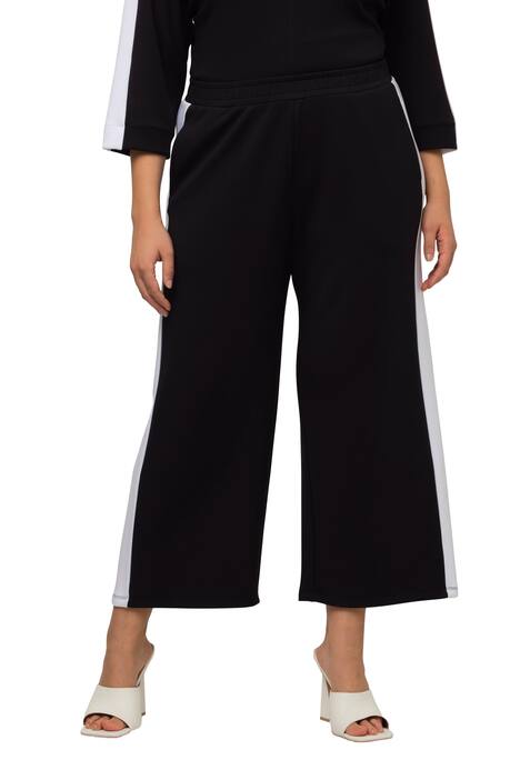 Žerzejové široké kalhoty, postranní pruhy, široké nohavice, elastický pas