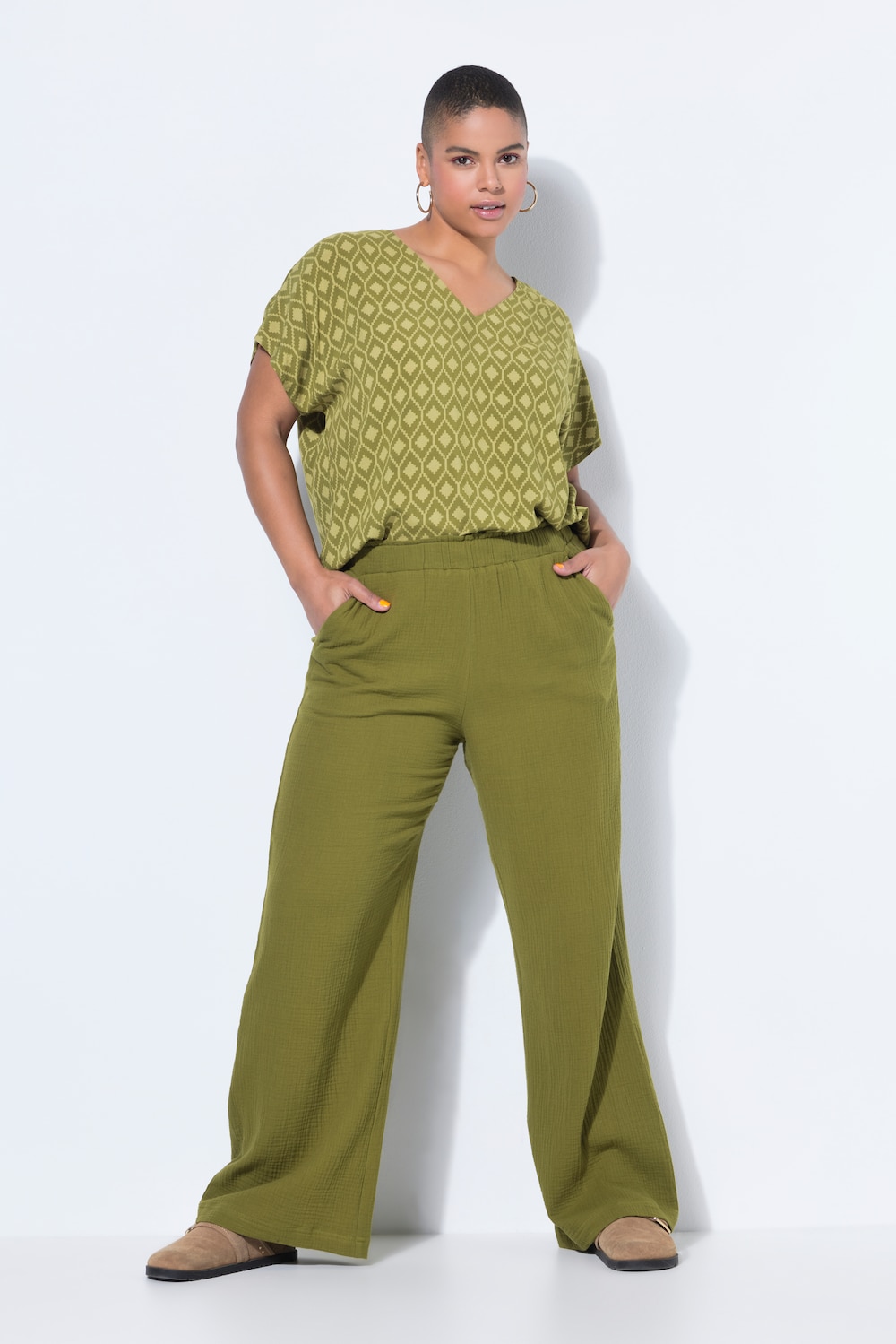 Broek, wijde pijpen, mousseline, elastische tailleband