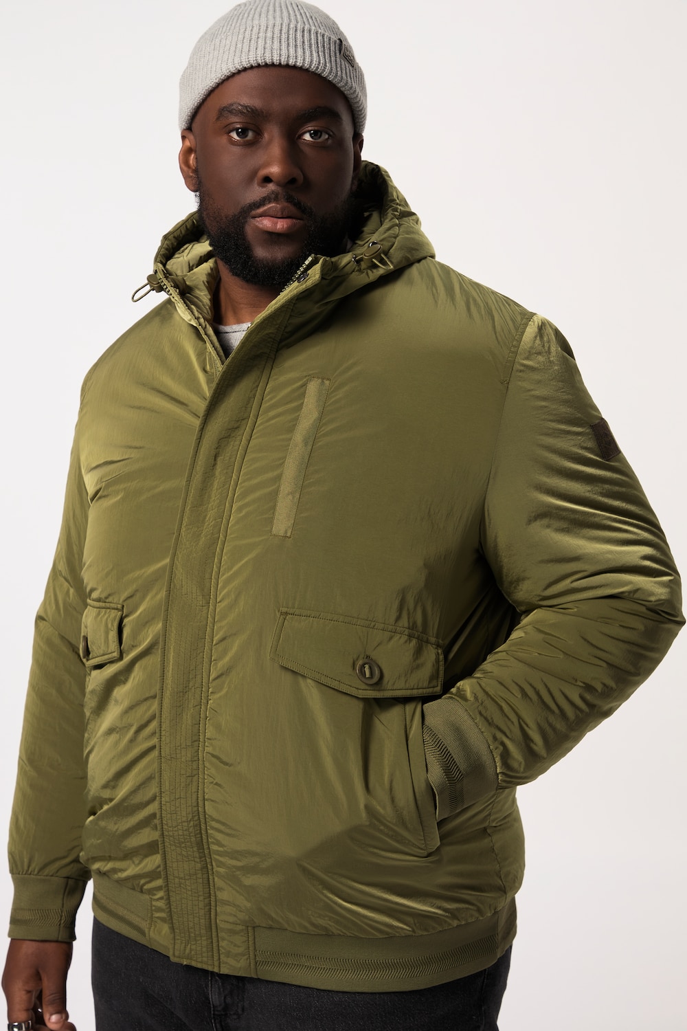 Stora storlekar Bomberjacka med huva och tvåvägsfickor, Her, grön, storlek: 4XL, Polyester/Syntetfibrer, STHUGE