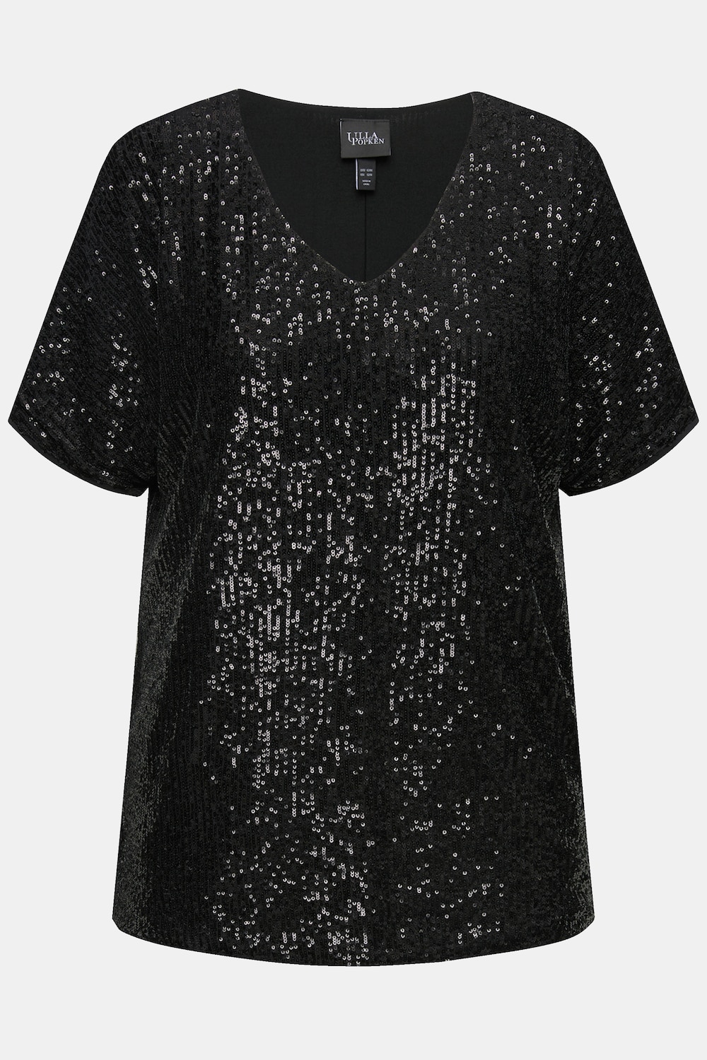 Stora storlekar Paljett-topp i oversize-modell med v-ringning och kort ärm, Dam, svart, storlek: 54/56, Polyester, Ulla Popken