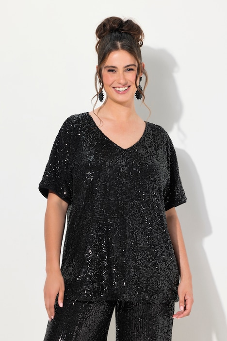 Maglia dal taglio oversize con paillettes, scollo a V e mezze maniche