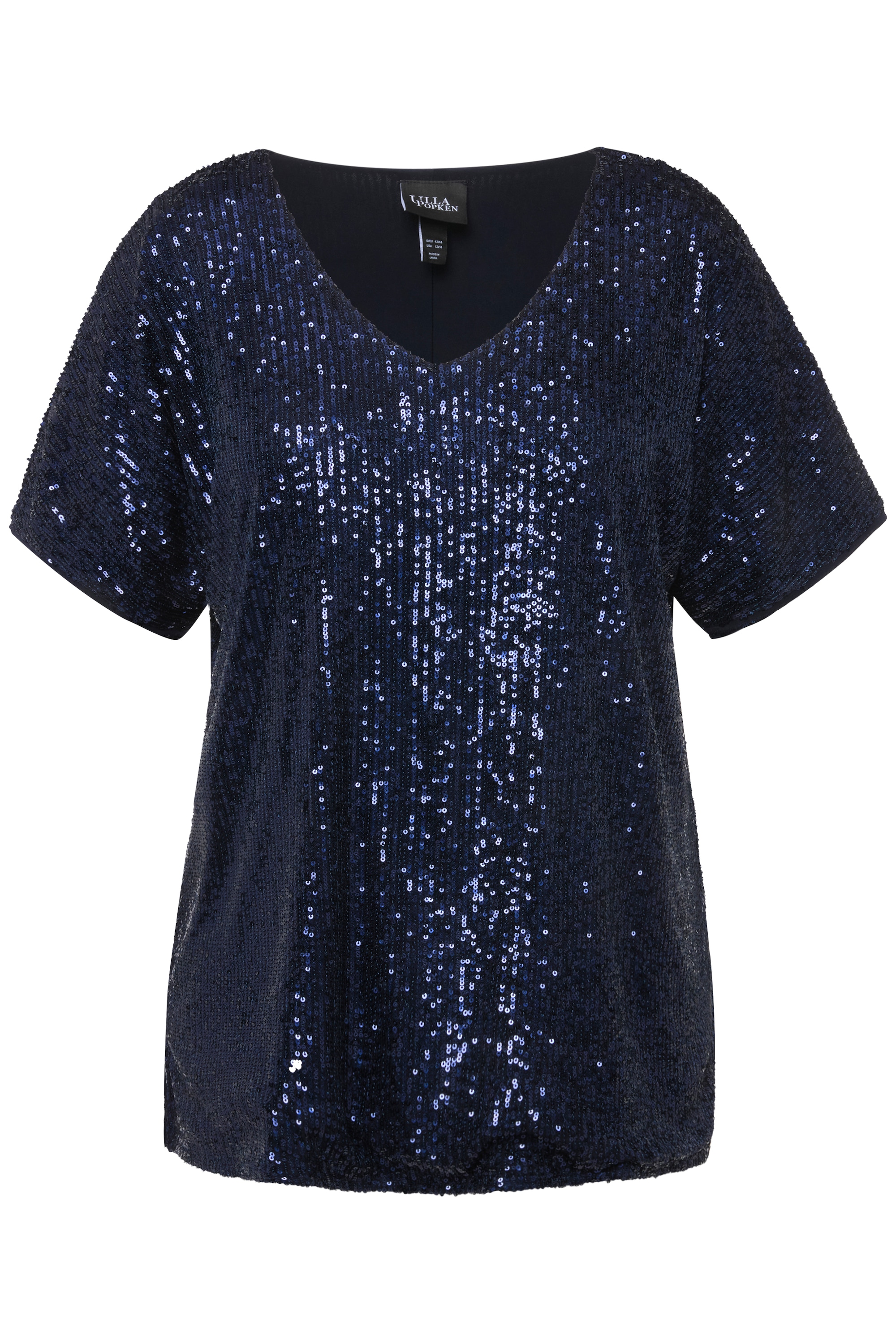 Ulla Popken Damen große Größen Pailletten Shirt Oversized V Ausschnitt