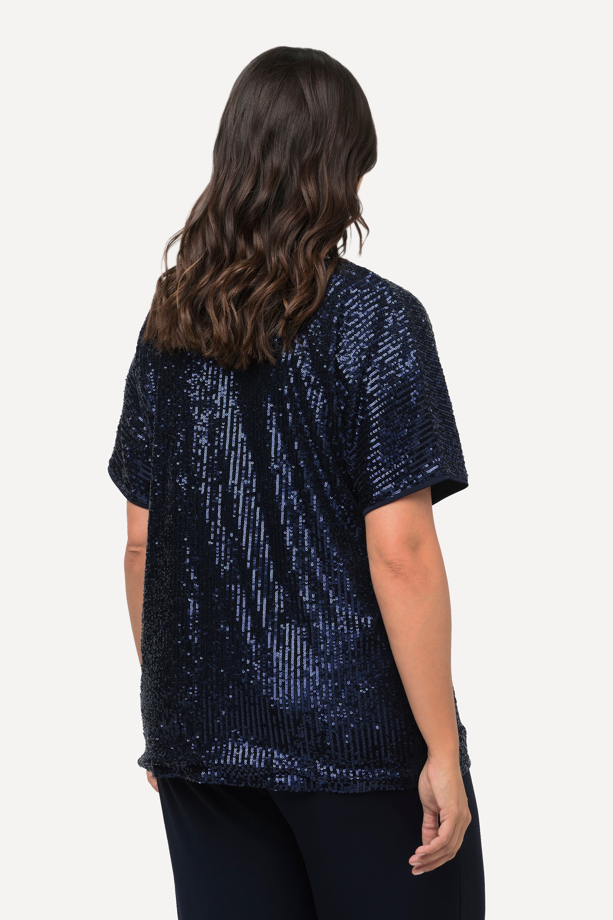 Ulla Popken Damen große Größen Pailletten Shirt Oversized V Ausschnitt