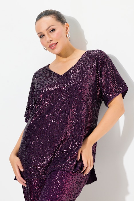 Sequined Short Sleeve V-Neck Tee