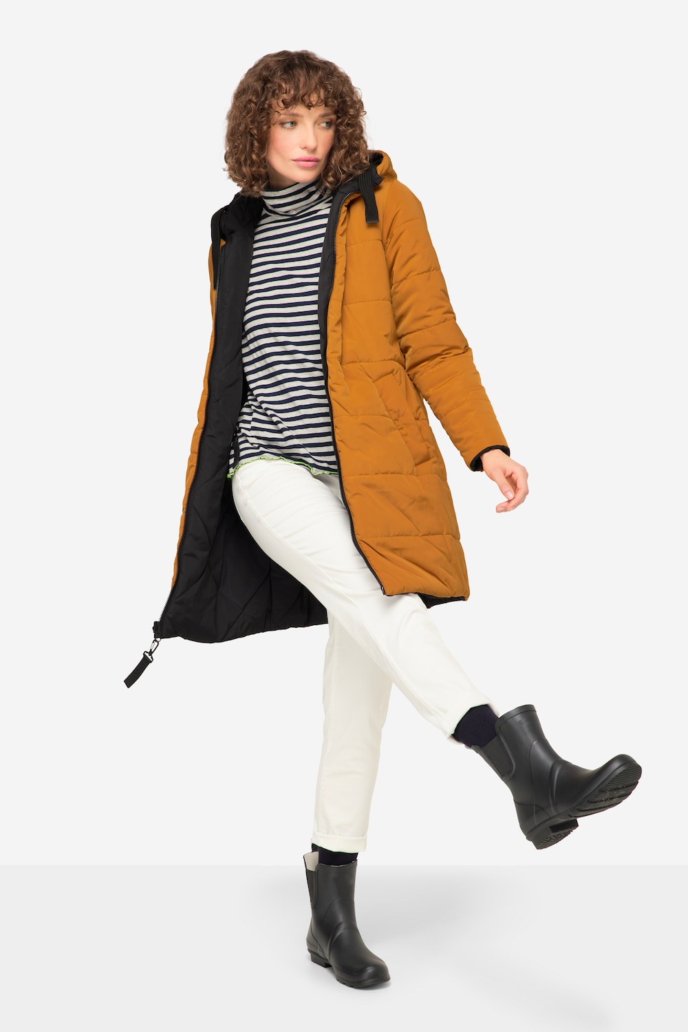 Große Größen Wende Long-Steppjacke, Damen, schwarz, Größe: M, Polyester, LAURASON