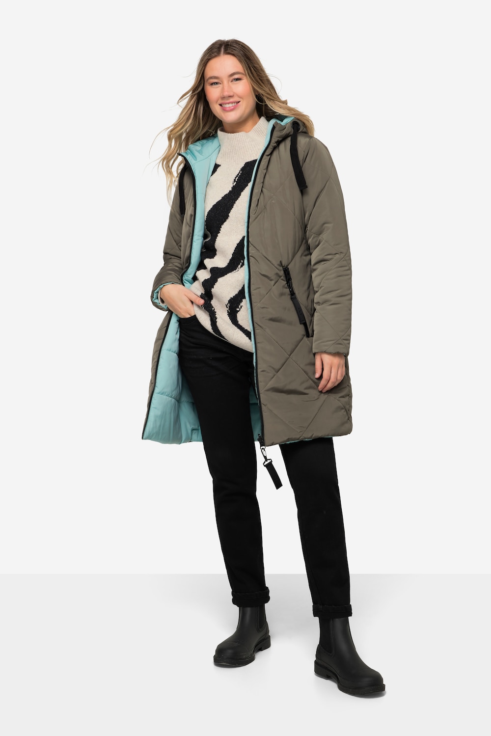 Große Größen Wende Long-Steppjacke, Damen, grau, Größe: M, Polyester, LAURASON